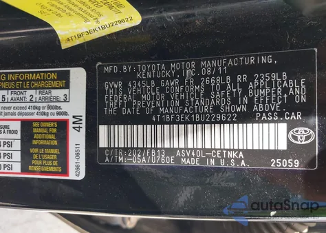 2011 Toyota Camry Le z USA, uszkodzony, nr VIN 4T1BF3EK1BU229622